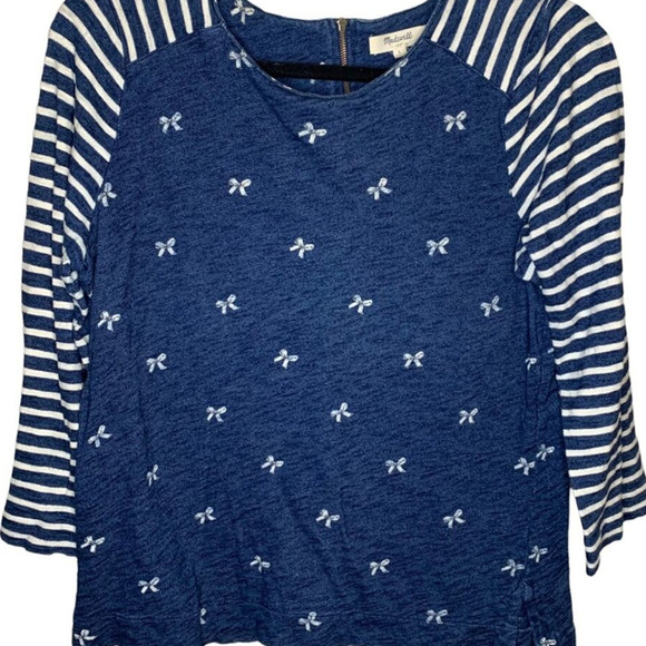 Madewell Top Women's Size Large Bow Blue 3/4 Sleeve Exposed Back Zipper Twee - Picture 2 of 7